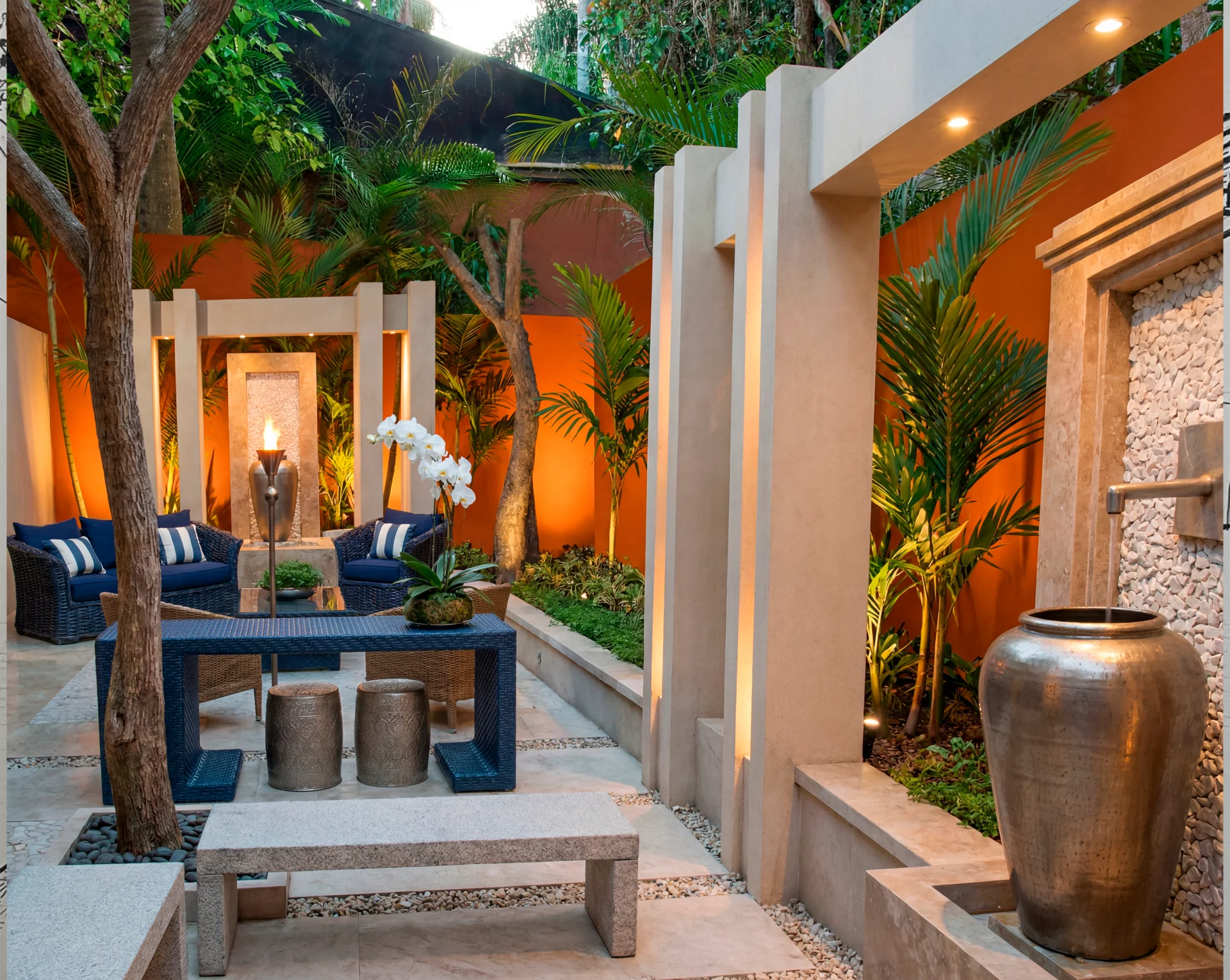 Ambiente realizado — pátio interno com paredes em terracota, fonte de pedra iluminada, vaso de bronze, mesa central azul, banquetas estofadas, banco baixo de pedra e palmeiras